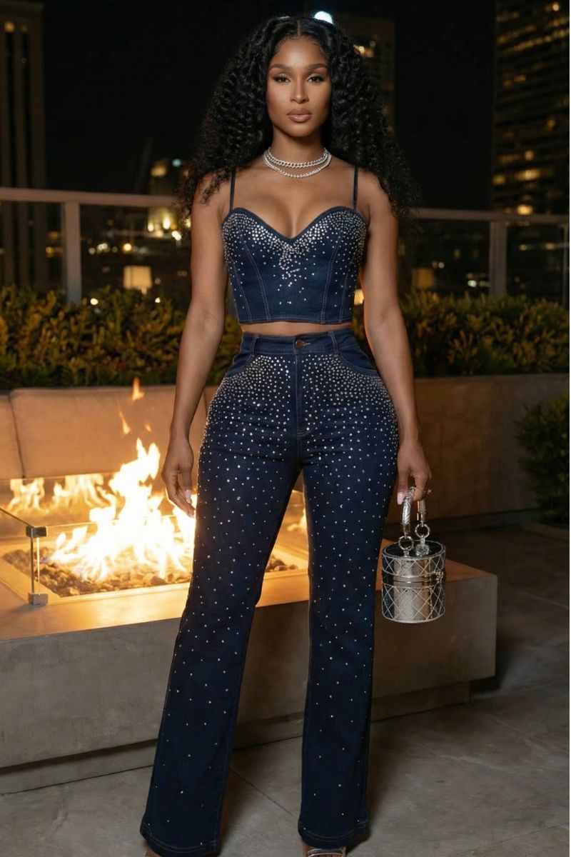 Diamond Denim Pant Set