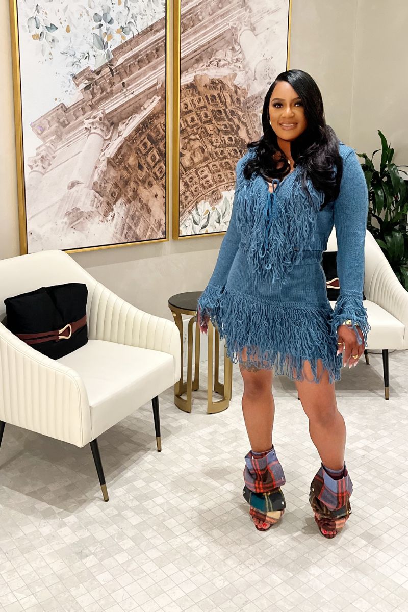 Fringe Sweater Skirt Set (Blue)