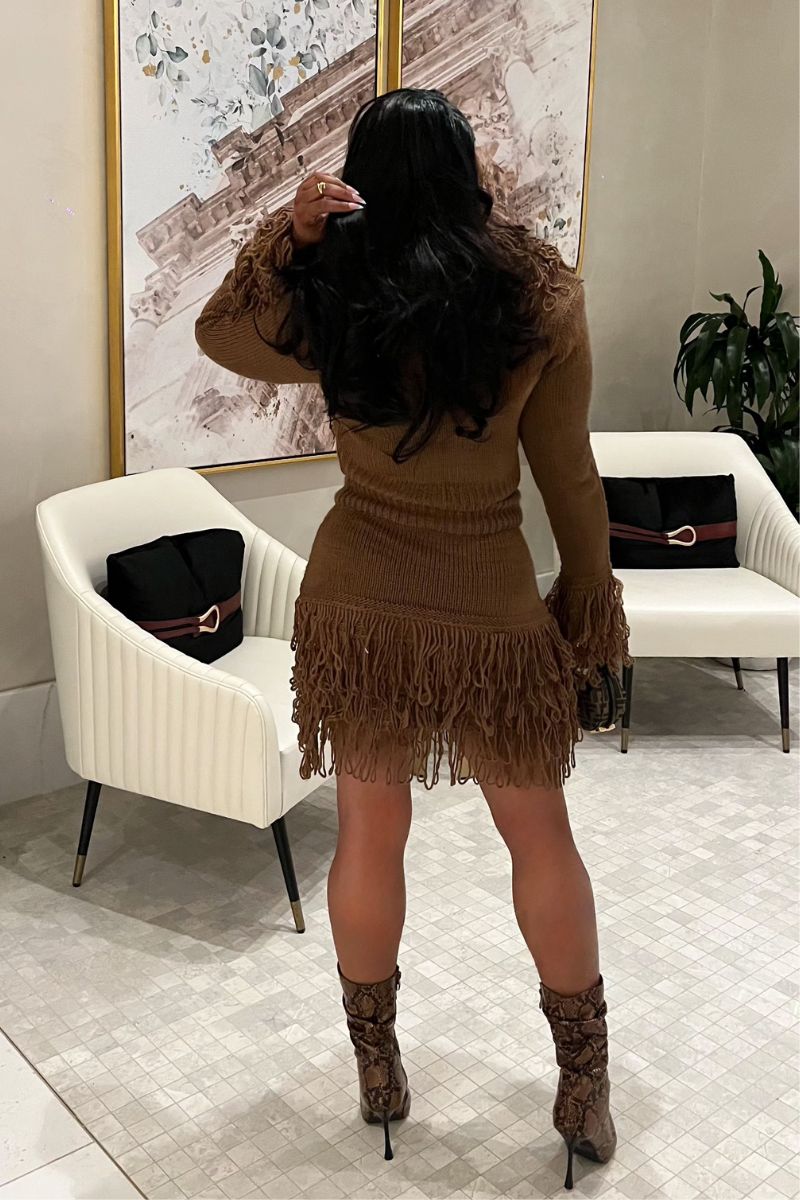 Fringe Sweater Skirt Set (Brown)