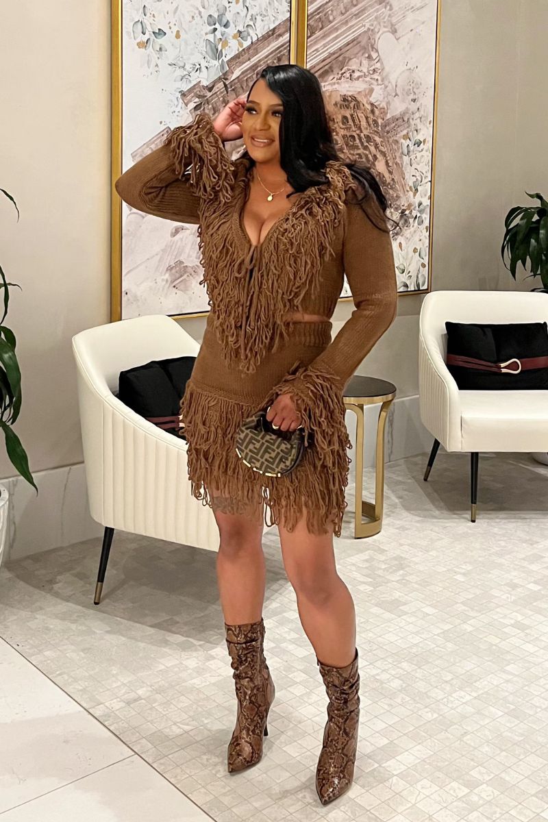 Fringe Sweater Skirt Set (Brown)